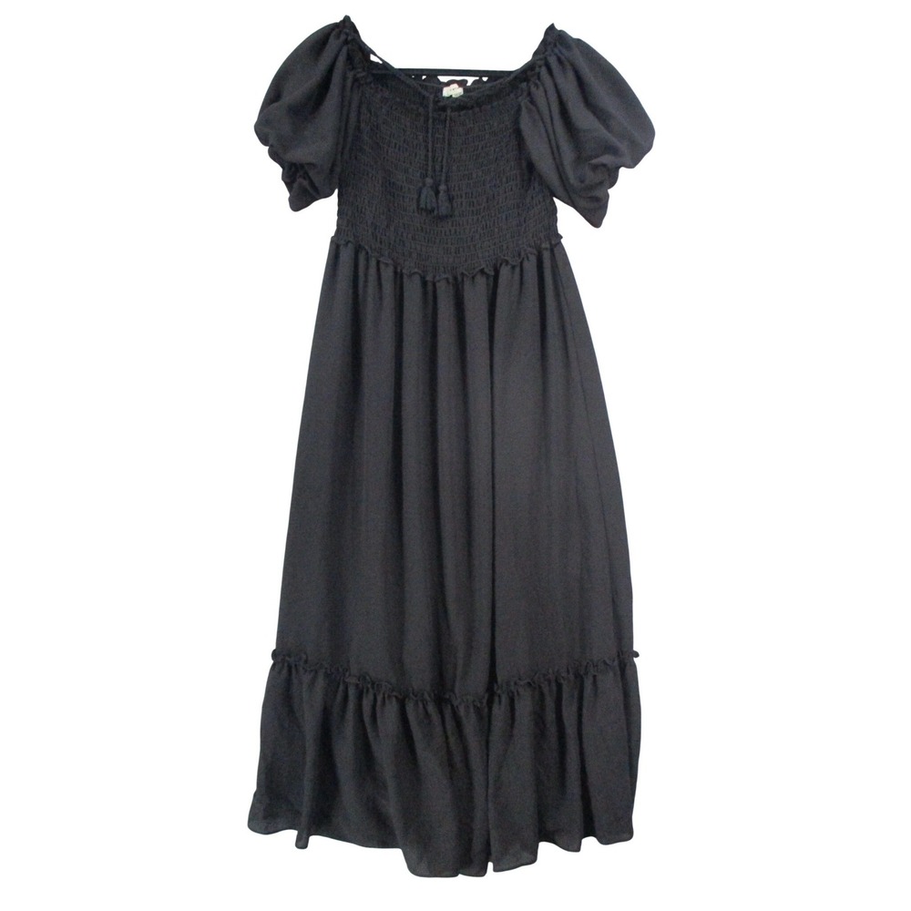 Max Studio Black Smocked Puff Sleeve Midi Dress Tassel Tie Tiered Hem Medium